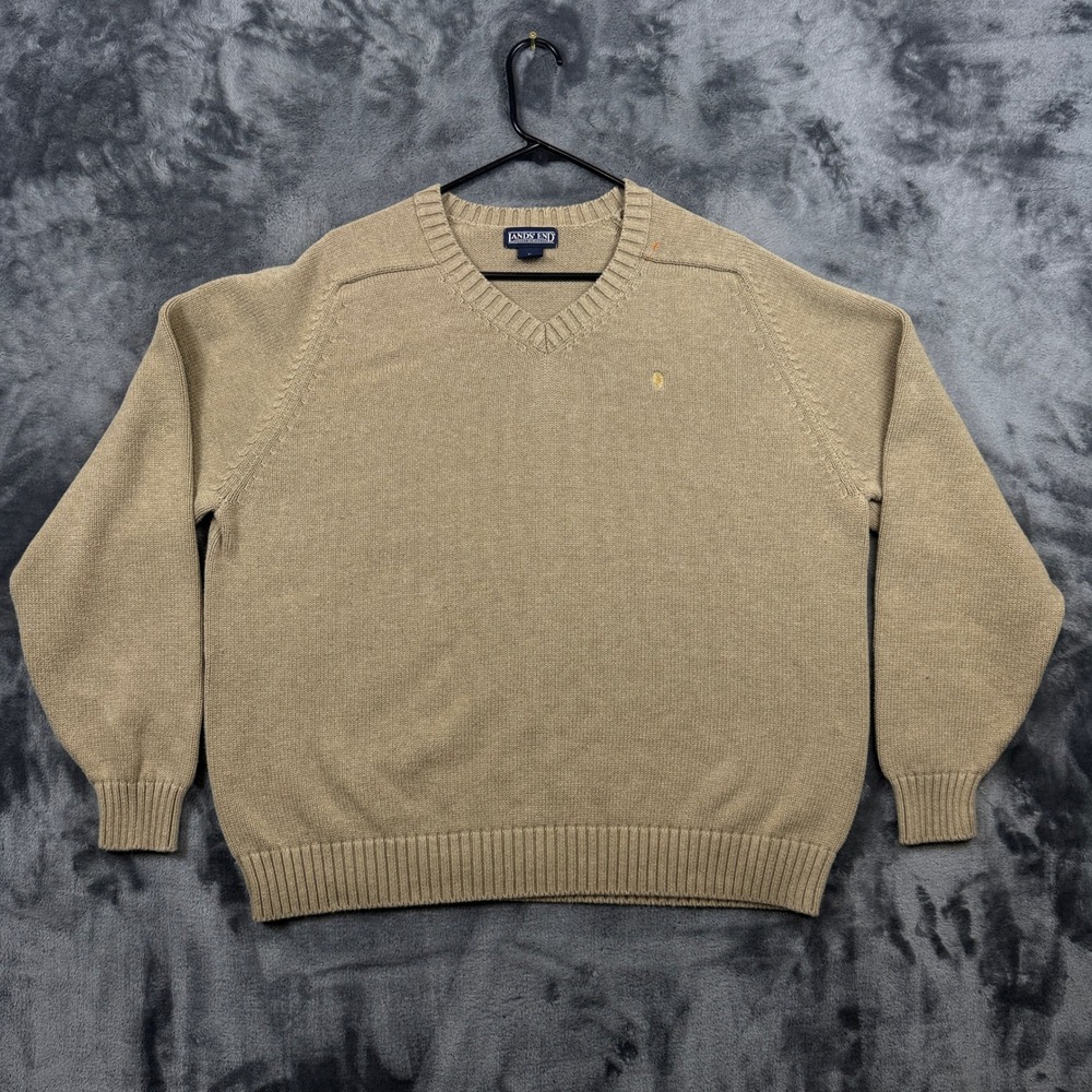 Lands' End V-Neck Sweater Mens XL Khaki Knit Pullover Long Sleeve Embroidered